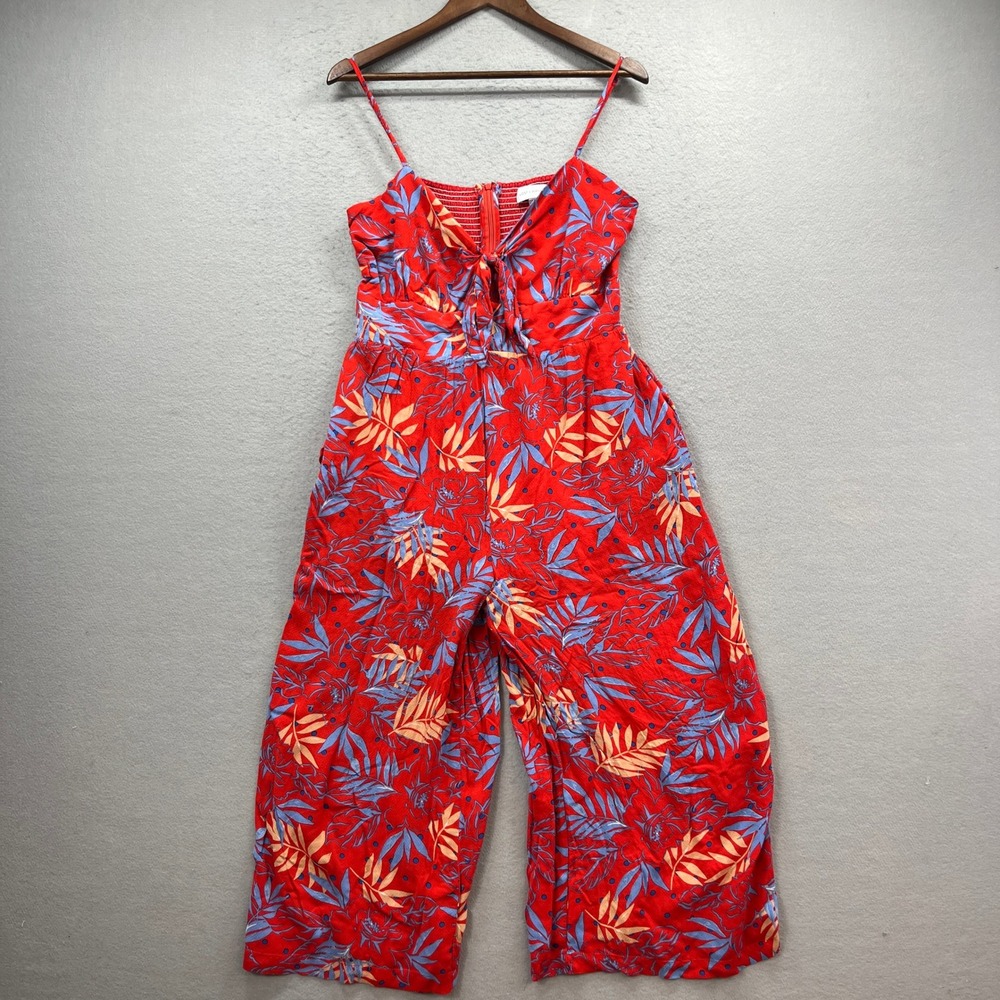 Lost + Wander Jumpsuit Women L Tropical Floral Red Blue Wide Leg Vacation Summer